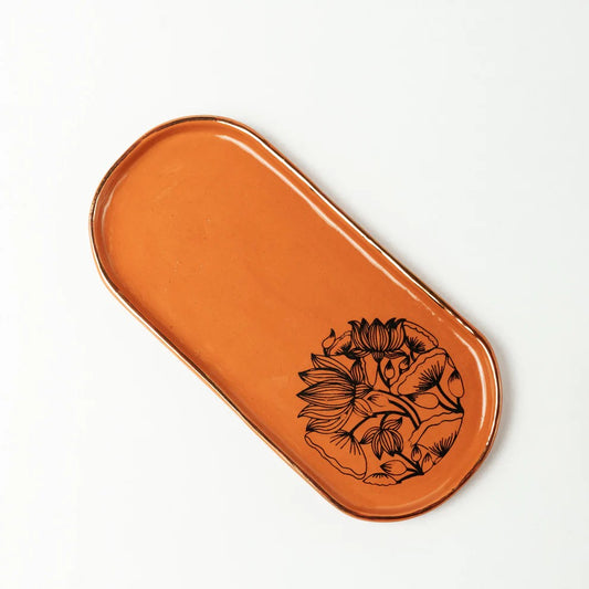 Terracotta Serving Tray - With Hand Painted Floral Bloom Design
