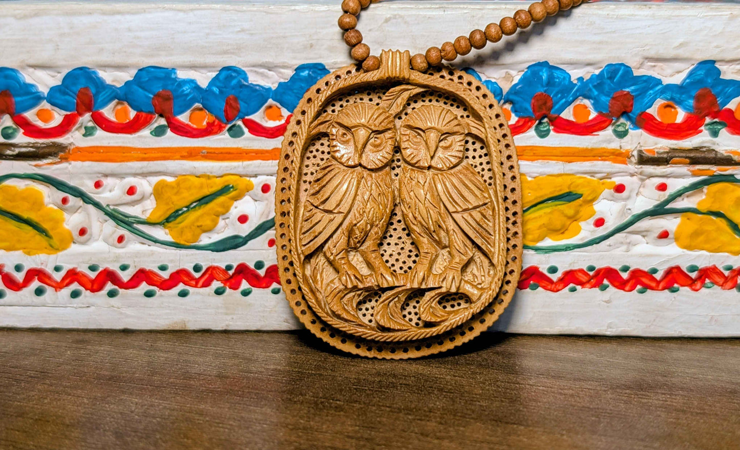 Handcrafted Wooden Necklace – Twin Owls Motif