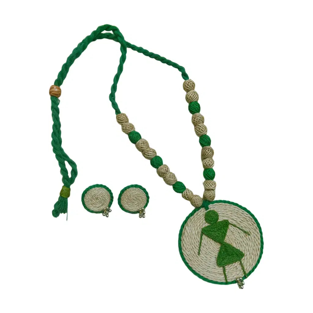 Handcrafted Banana Fibre Jewelry Set – White & Green Tribal Design from Uttar Pradesh, India
