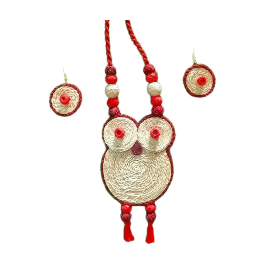 Handcrafted Banana Fibre Owl Jewelry Set – Red & Natural Tones | Made in Uttar Pradesh, India
