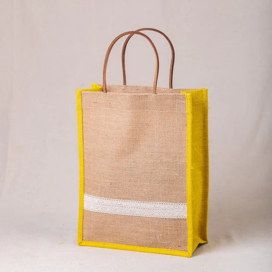 Handmade Jute Gift Bag with Yellow Border & Lace Detail