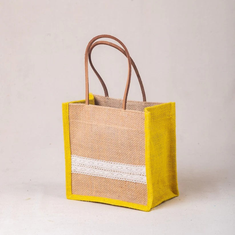 Handmade Jute Gift Bag with Yellow Border & Lace Detail