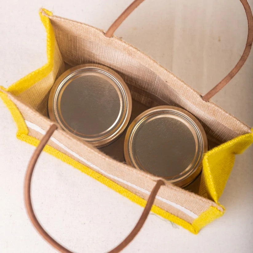 Handmade Jute Gift Bag with Yellow Border & Lace Detail