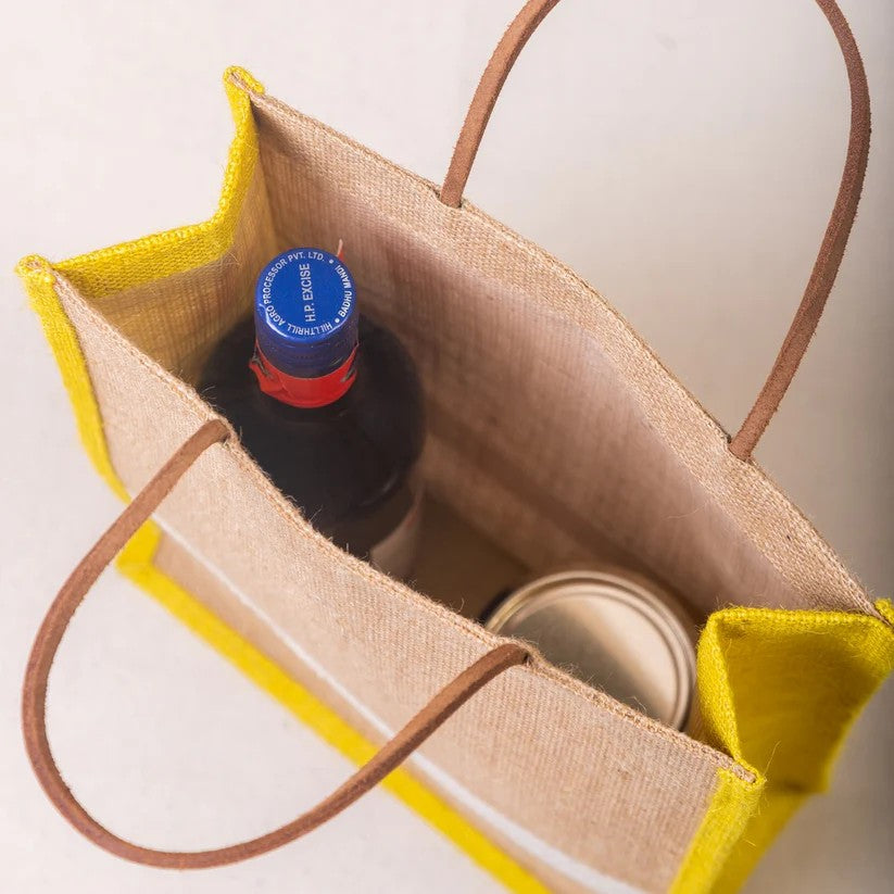 Handmade Jute Gift Bag with Yellow Border & Lace Detail