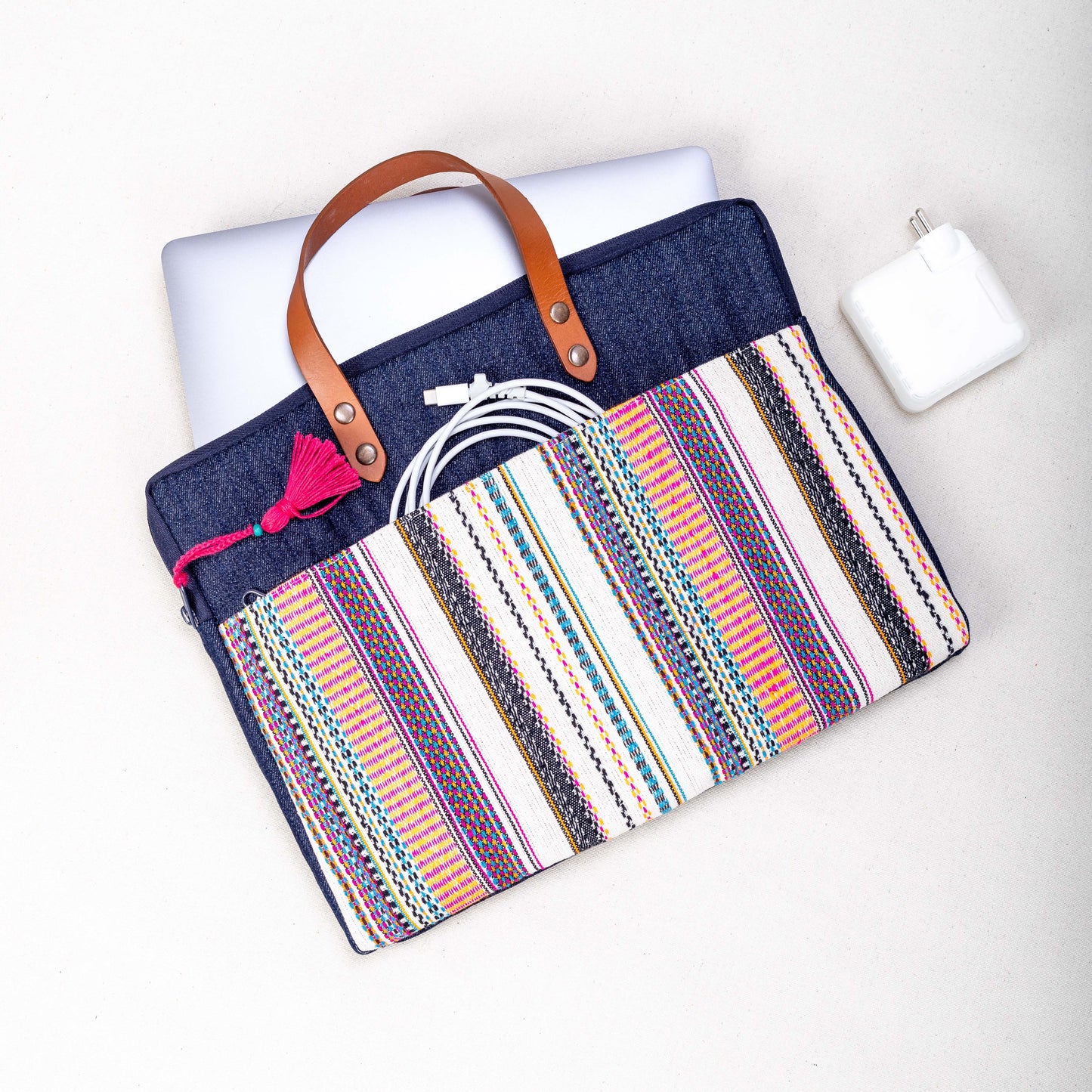 Handwoven Striped Denim Laptop Tote