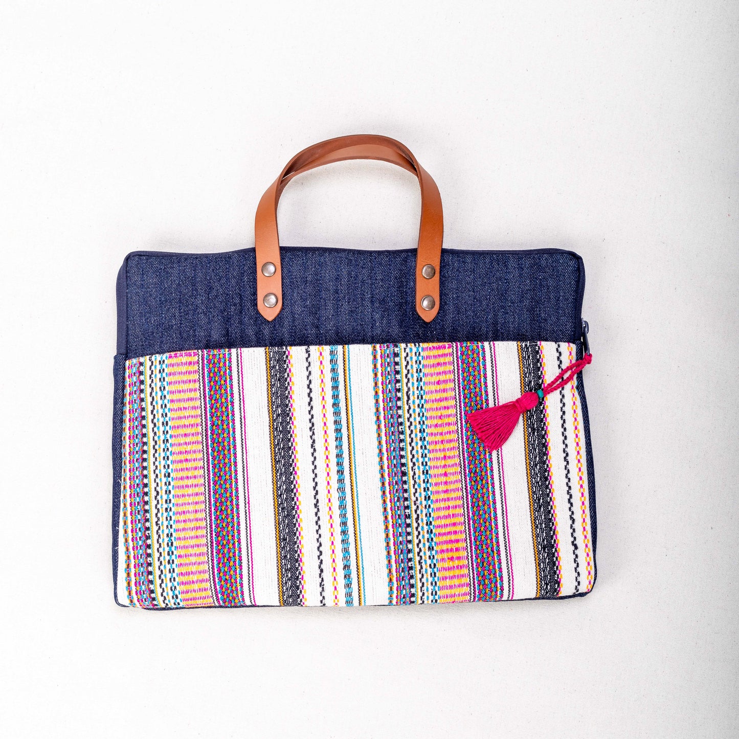 Handwoven Striped Denim Laptop Tote