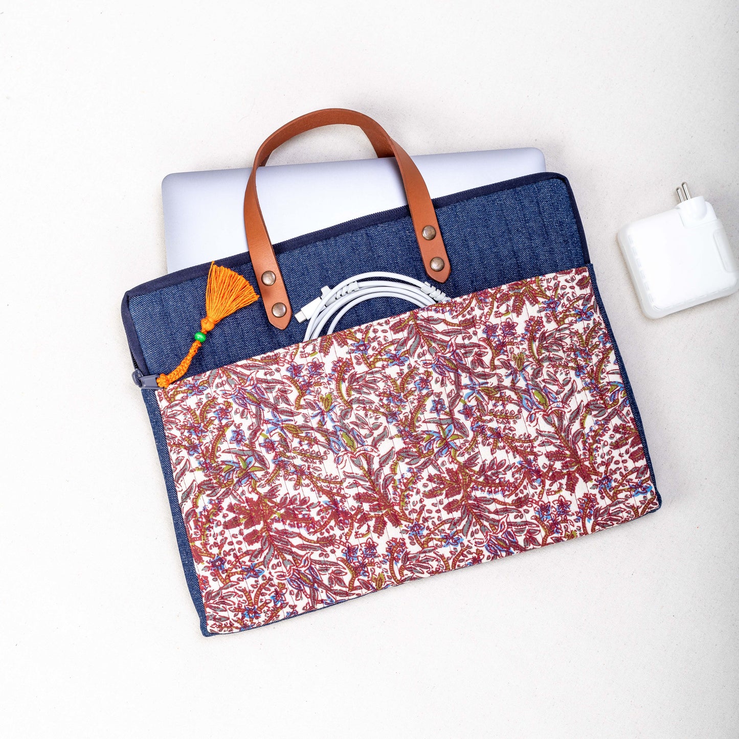 Handwoven Floral-Print Denim Laptop Tote