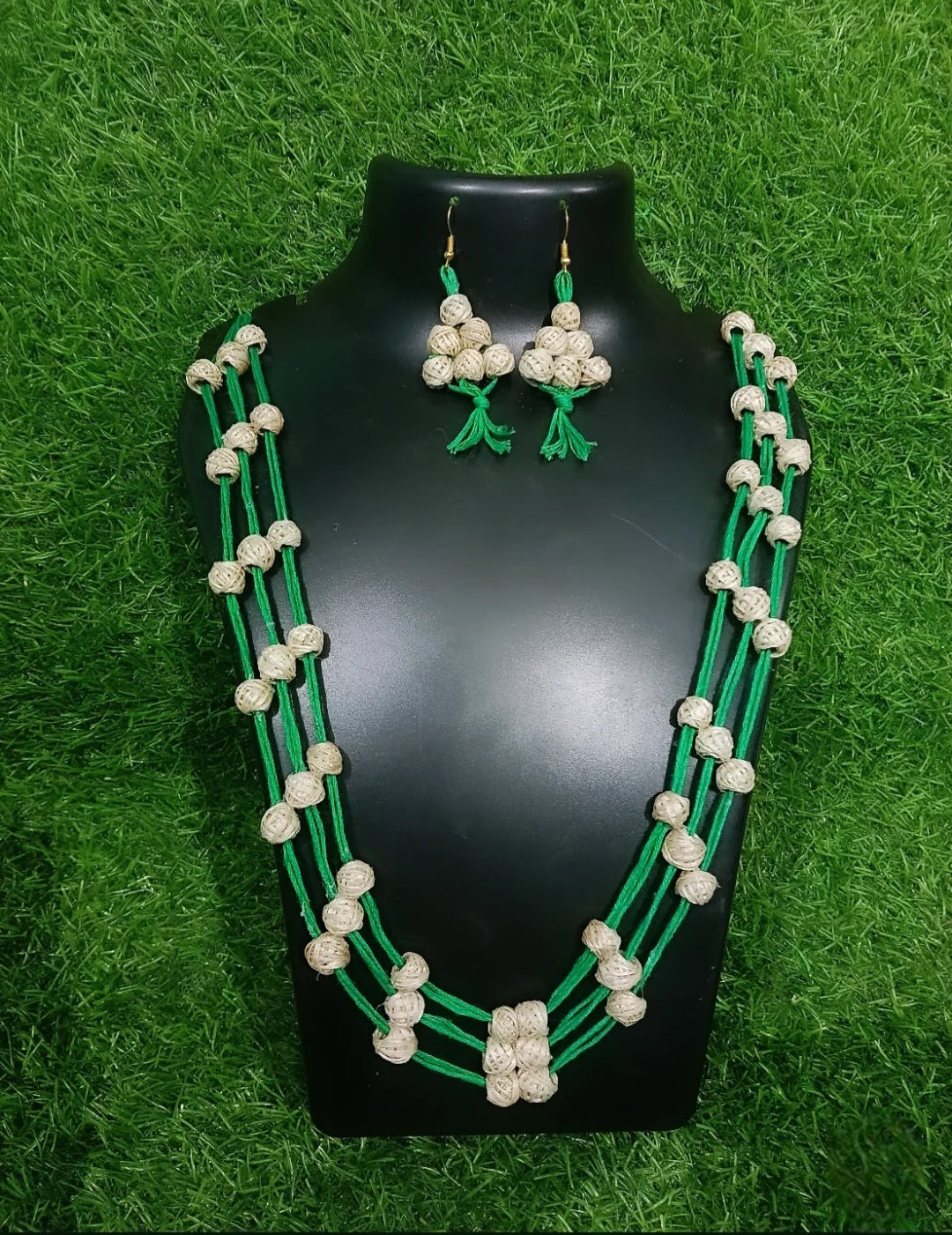 Handmade Banana Fibre Jewelry Set – Triple Strand Green Thread Design - Made in Uttar Pradesh, India