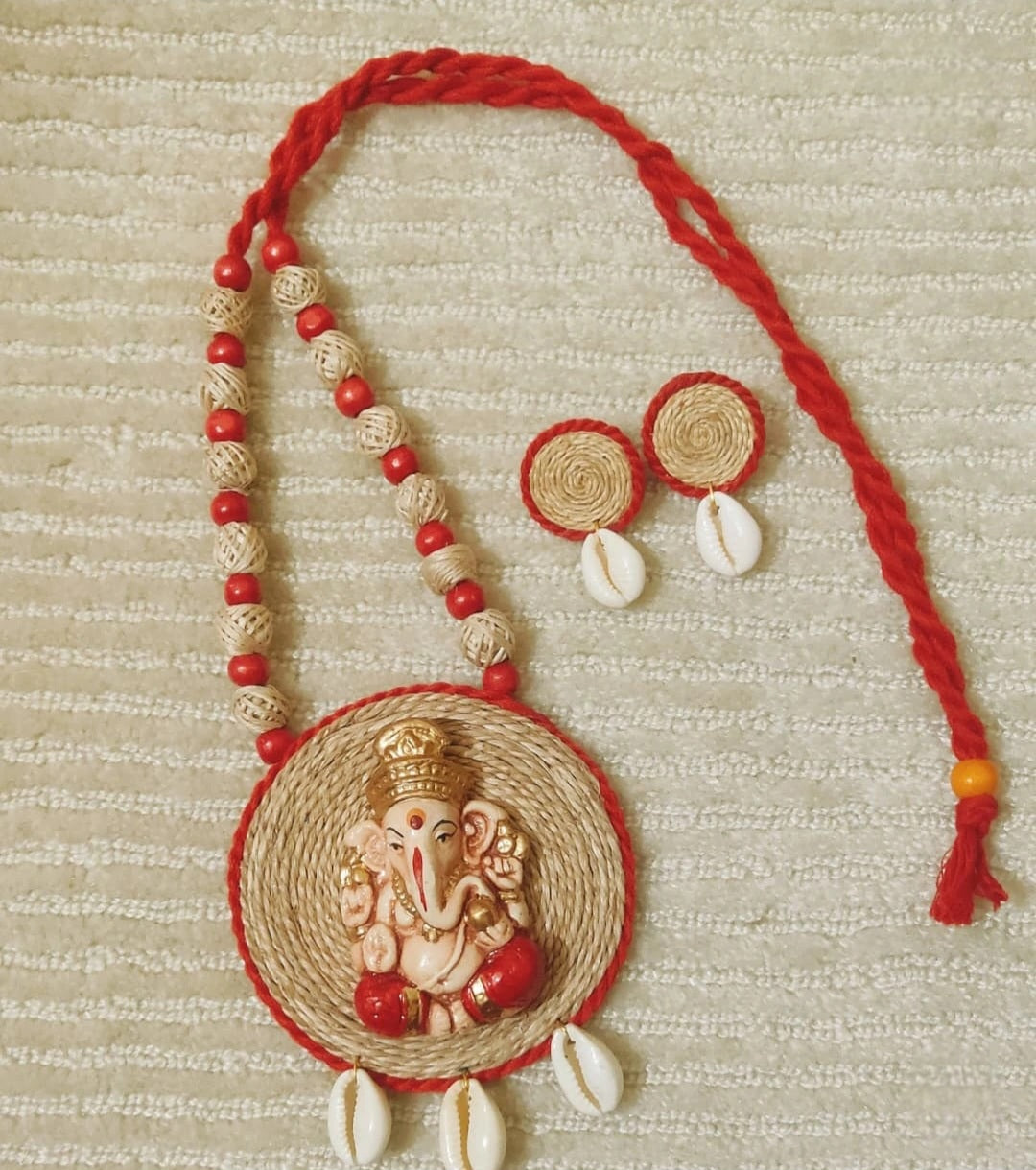 Handcrafted Ganesha Pendant Banana Fibre Jewelry Set – Eco-Friendly Artistry from Uttar Pradesh, India