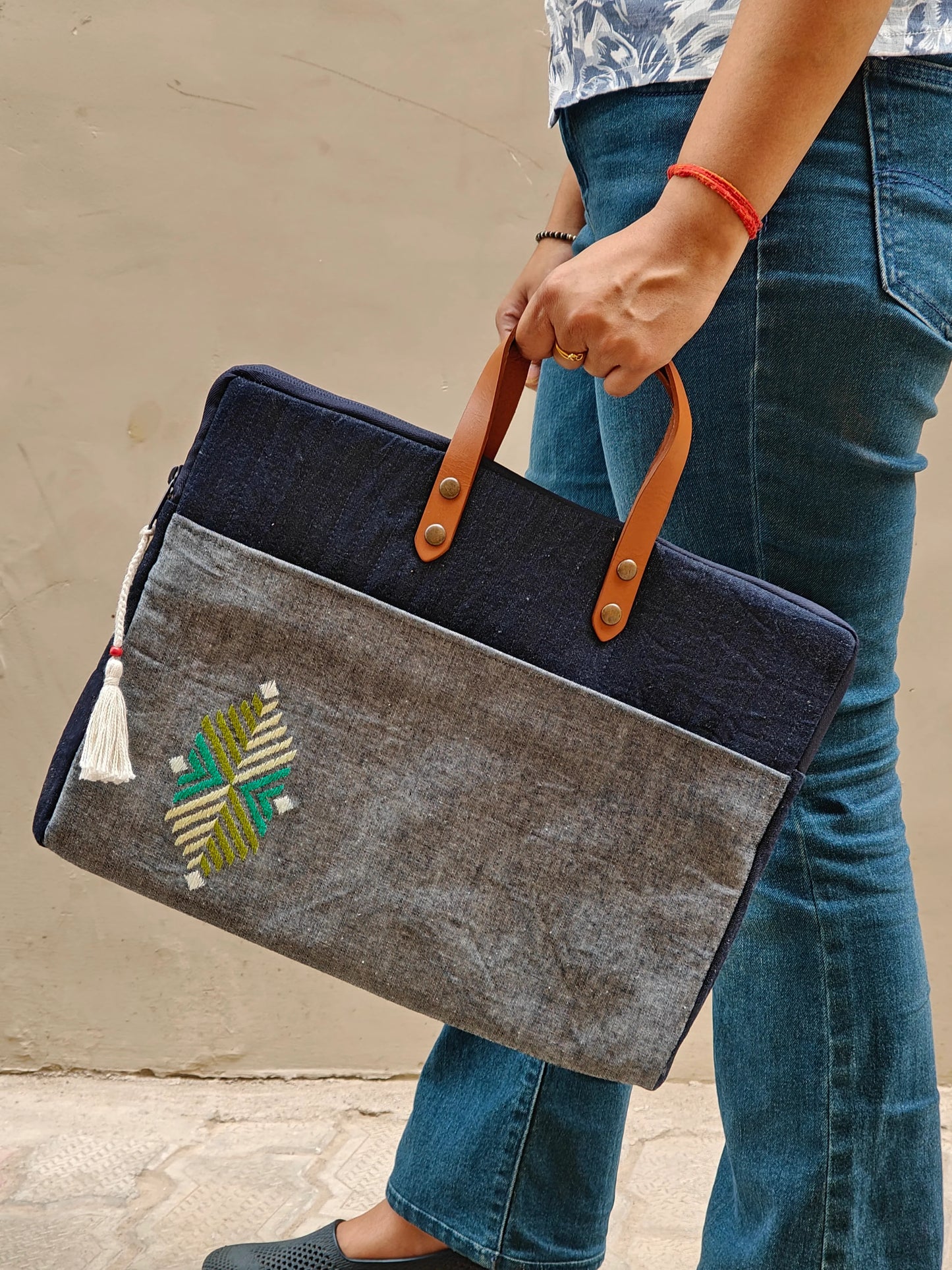Embroidered Denim Laptop Tote