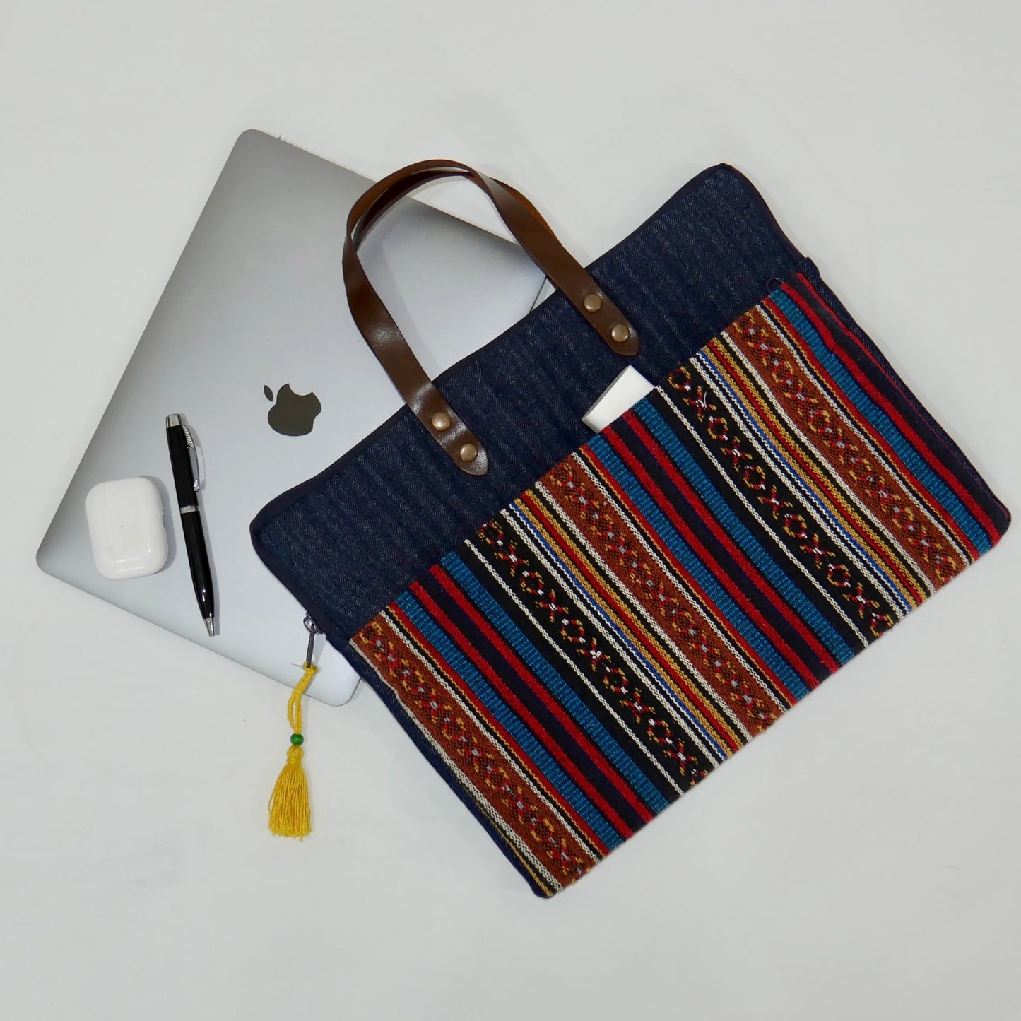 Handwoven Striped Denim Laptop Tote