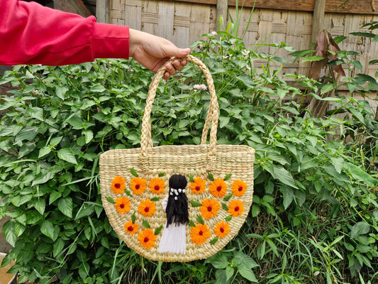Handcrafted Kauna Grass Tote Bag with Floral & Doll Motif