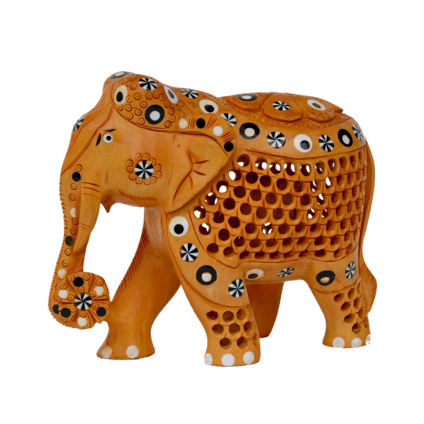 Wooden Undercut Elephant With Inlay Design (Trunk Down)