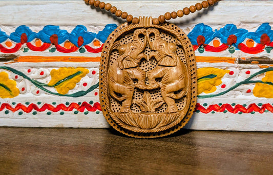 Handcrafted Wooden Necklace – Twin Elephants Motif
