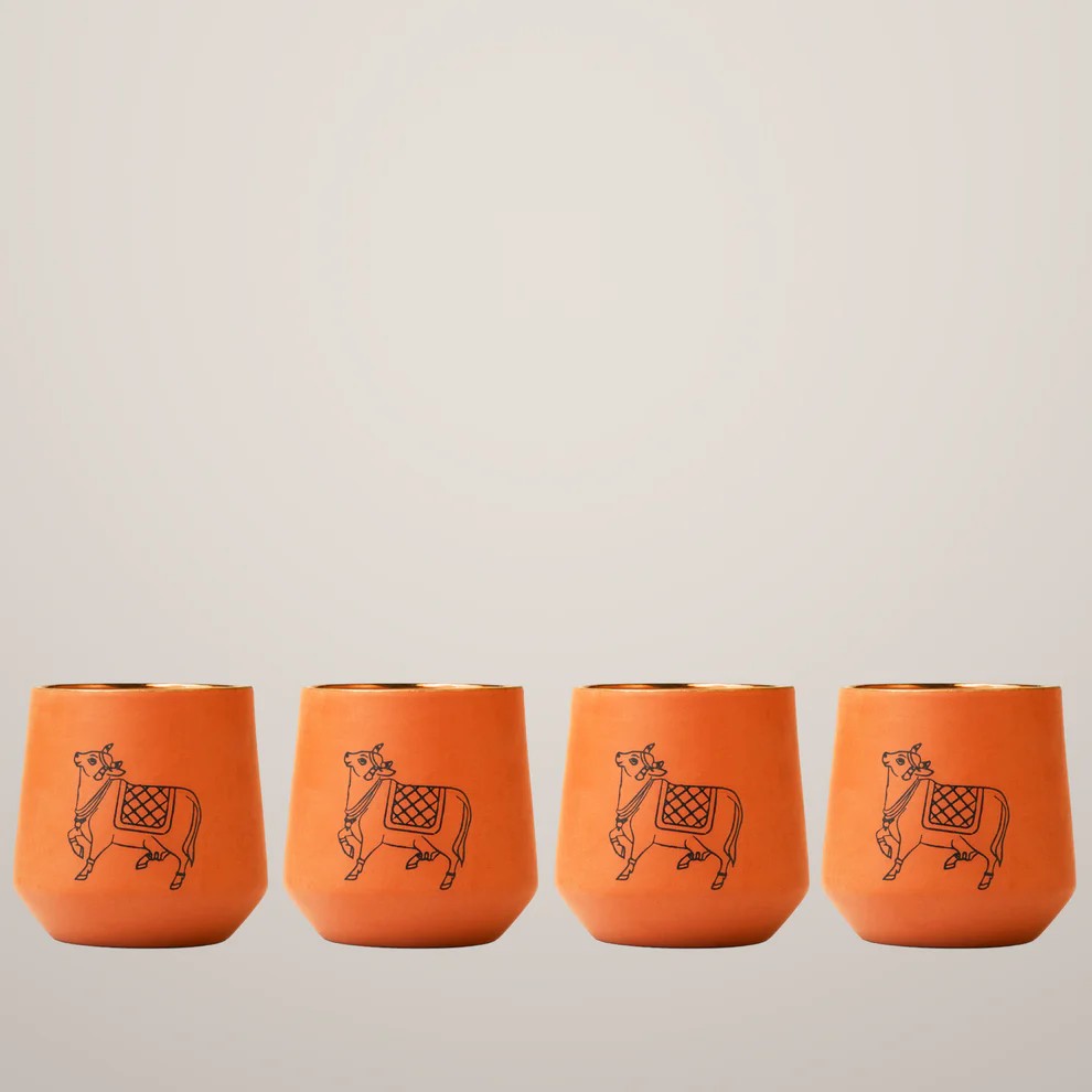 Pichwai Art Inspired Bull Motif Terracotta Glass - Set 0f 4 Glasses