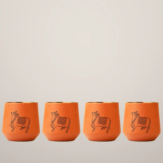 Pichwai Art Inspired Bull Motif Terracotta Glass - Set 0f 4 Glasses