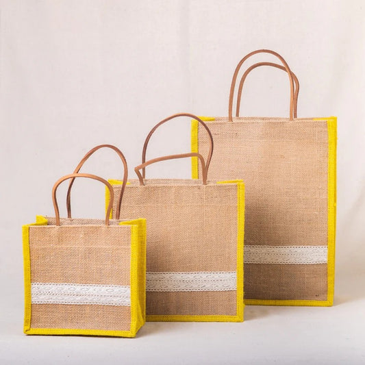 Handmade Jute Gift Bag with Yellow Border & Lace Detail