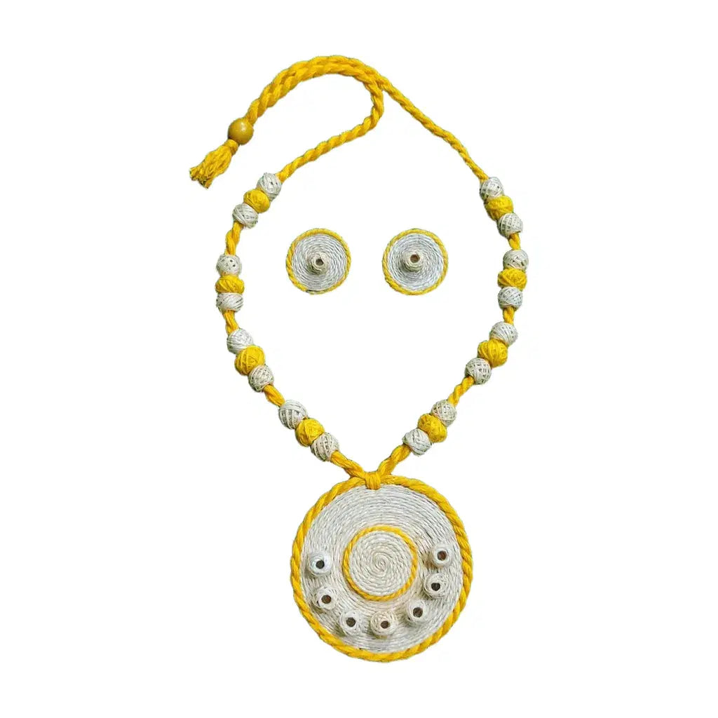 Handcrafted Banana Fibre Jewelry Set – White & Yellow Elegance | Made in Uttar Pradesh, India