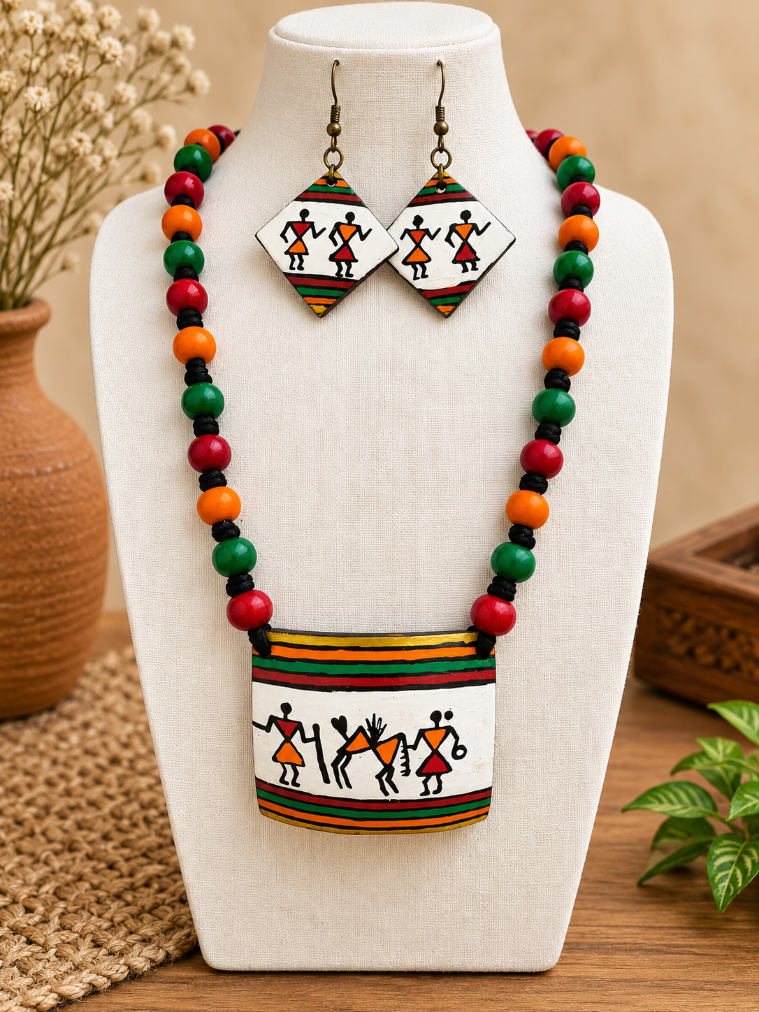 Handcrafted Coconut Shell Necklace Set – Multicolour Warli-Inspired Dance Design