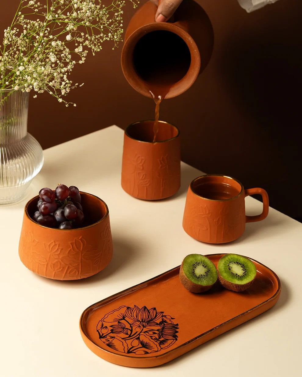 Lotus Motif Terracotta Glass
