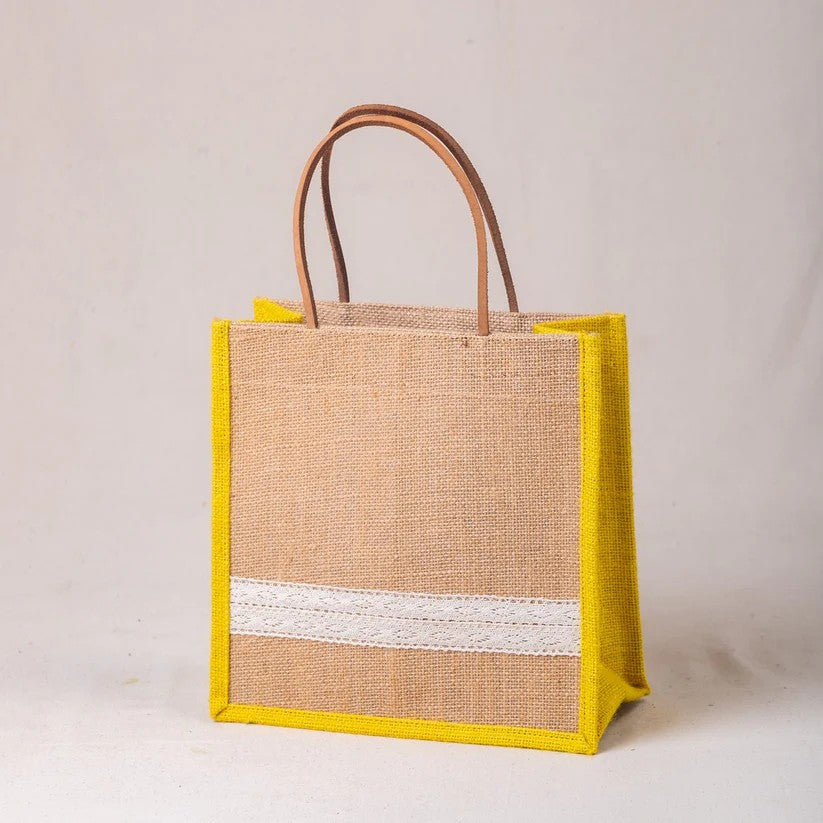 Handmade Jute Gift Bag with Yellow Border & Lace Detail