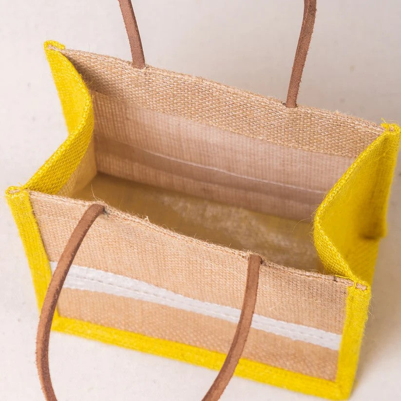 Handmade Jute Gift Bag with Yellow Border & Lace Detail