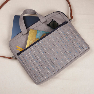 Hand‑Stitched Kantha Laptop Tote – Soft Gray