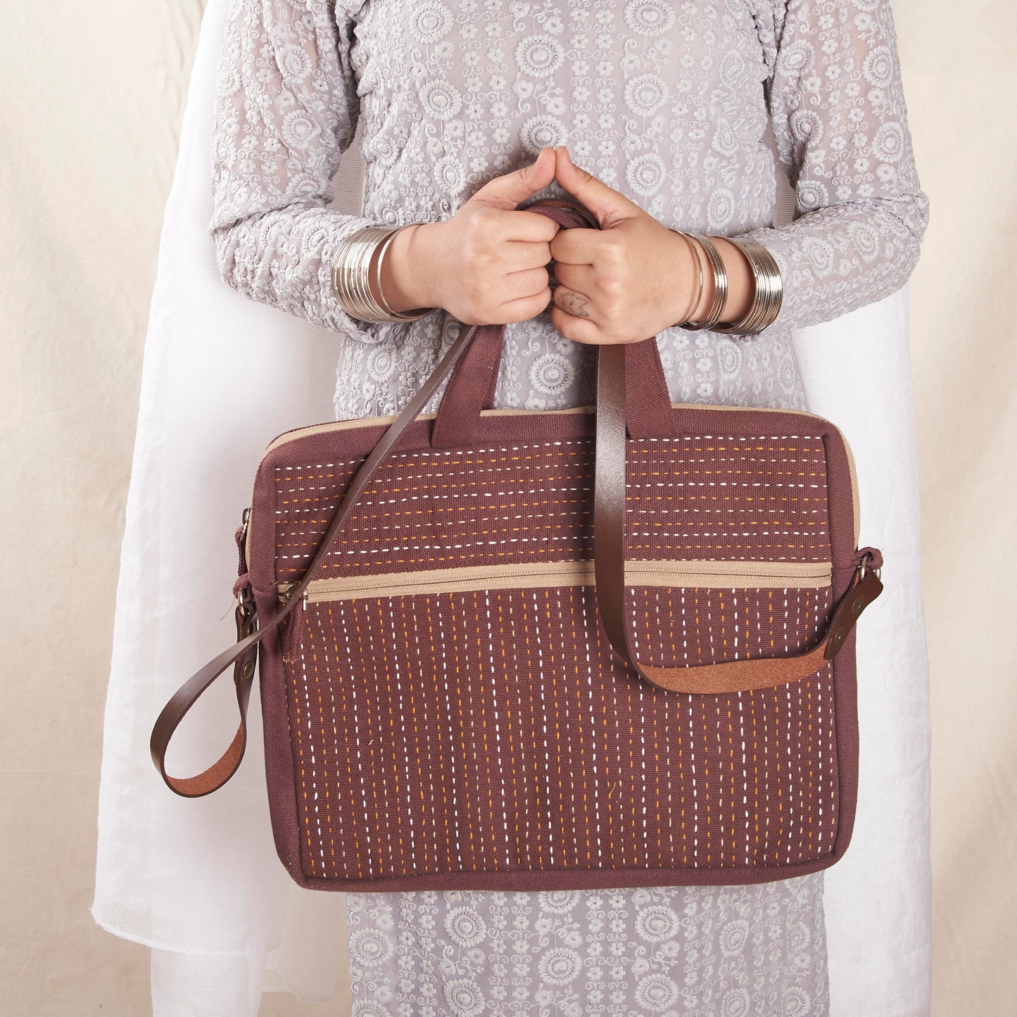Hand‑Stitched Kantha Laptop Tote – Multitone Brown