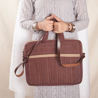 Hand‑Stitched Kantha Laptop Tote – Multitone Brown