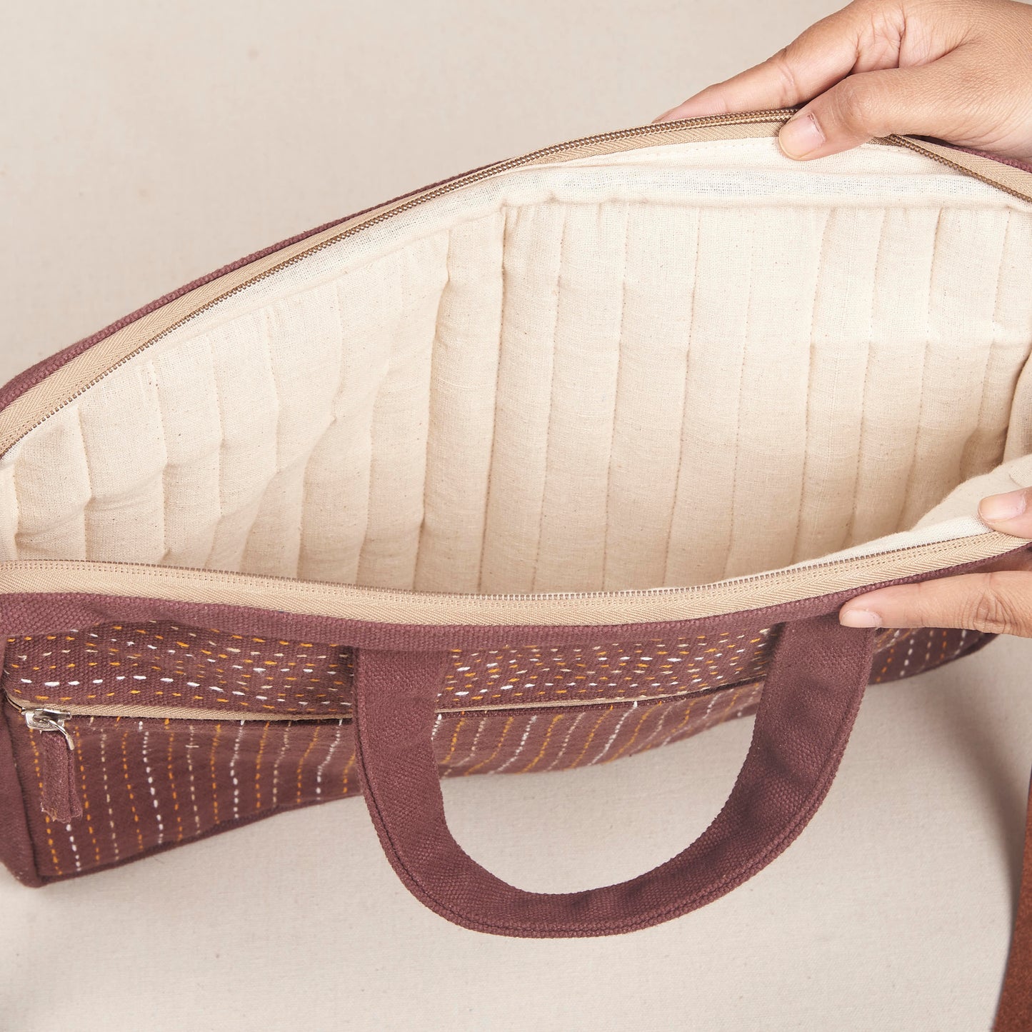 Hand‑Stitched Kantha Laptop Tote – Multitone Brown