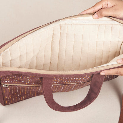 Hand‑Stitched Kantha Laptop Tote – Multitone Brown
