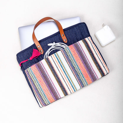 Handwoven Striped Denim Laptop Tote