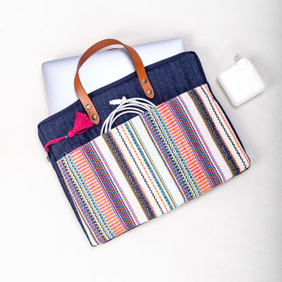 Handwoven Striped Denim Laptop Tote