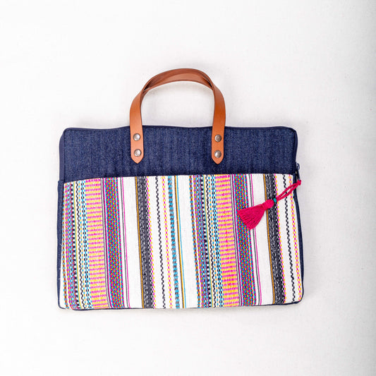 Handwoven Striped Denim Laptop Tote