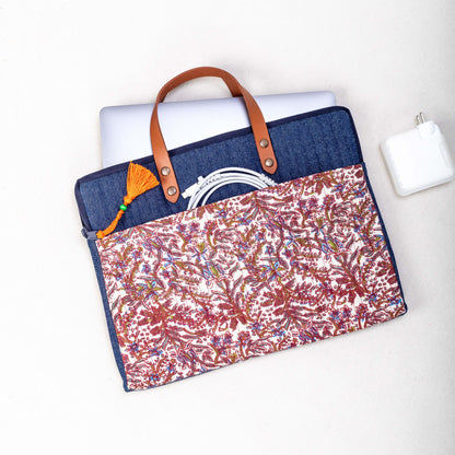 Handwoven Floral-Print Denim Laptop Tote