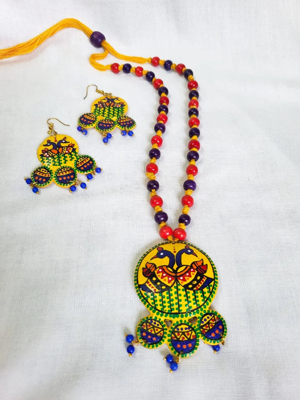 Handcrafted Coconut Shell Necklace Set – Colourful Peacock Meenakari Design