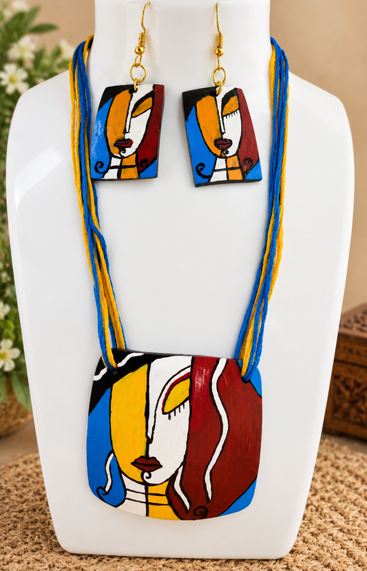 Handcrafted Coconut Shell Necklace Set – Multicolour Artistic Face Design