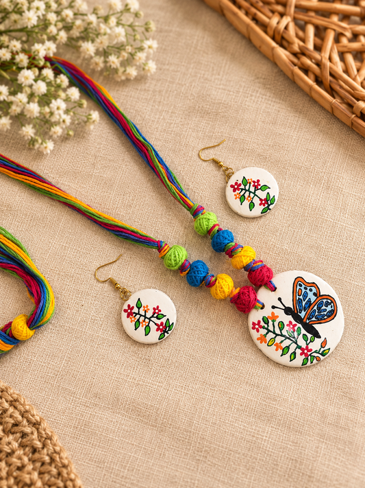 Handcrafted Coconut Shell Necklace Set – Multicolour Butterfly & Floral Design