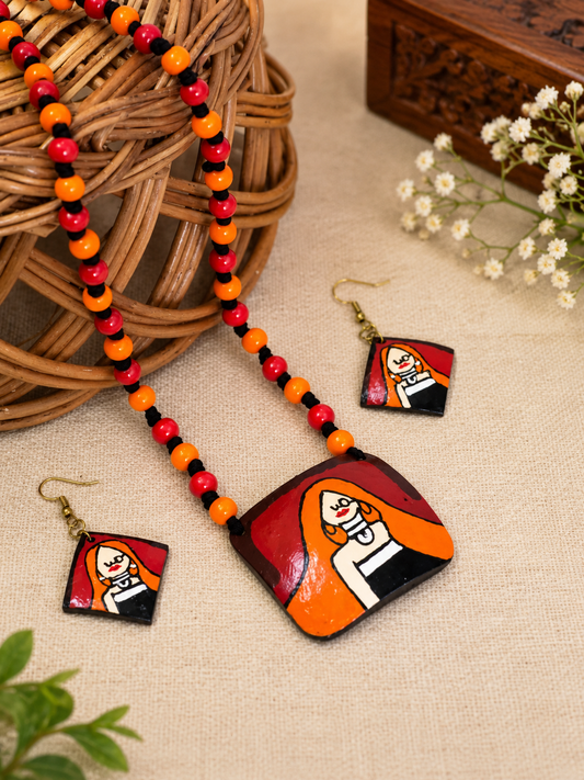 Handcrafted Coconut Shell Necklace Set – Multicolour Artistic Portrait Design