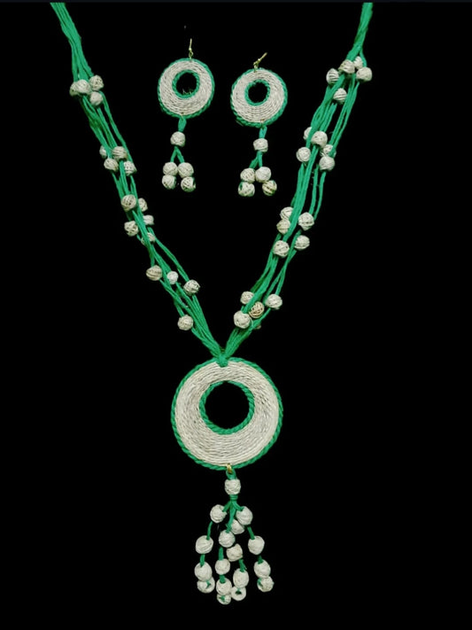 Handcrafted Banana Fibre Jewelry Set – Green Thread Layered Design - Made in Uttar Pradesh, India