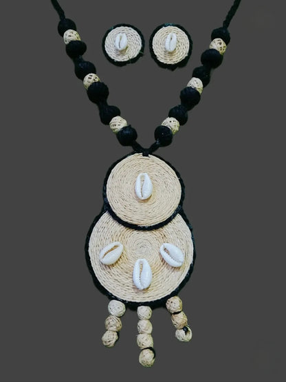Handcrafted Banana Fibre Jewelry Set – Natural White & Black Elegance from Uttar Pradesh, India