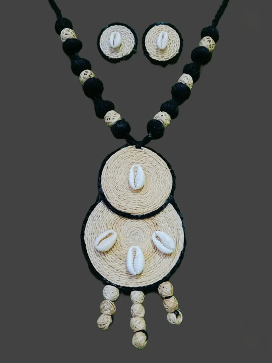 Handcrafted Banana Fibre Jewelry Set – Natural White & Black Elegance from Uttar Pradesh, India