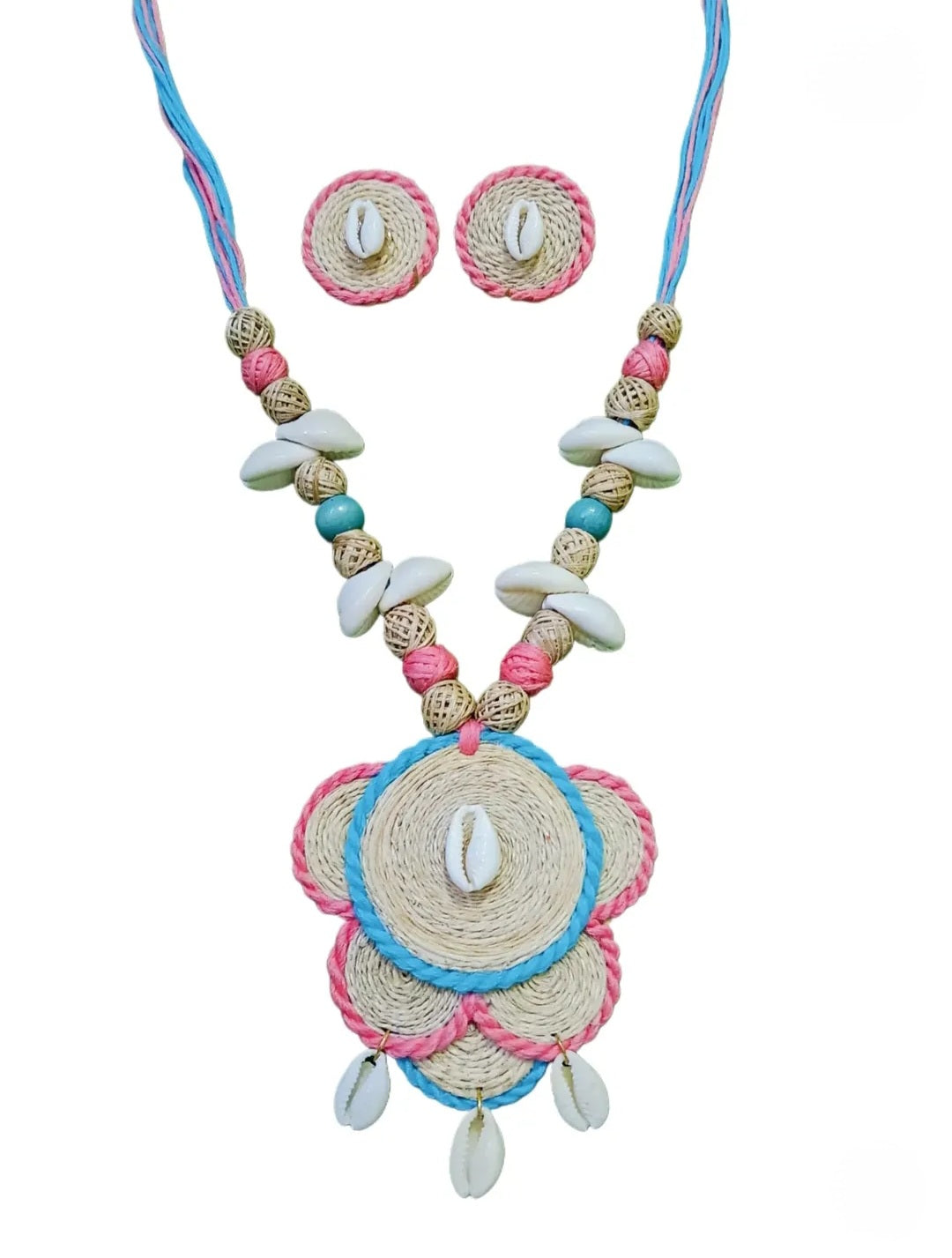 Handcrafted Banana Fibre Jewelry Set – Pastel Blue & Pink Shell Design - Made in Uttar Pradesh, India