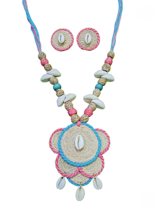 Handcrafted Banana Fibre Jewelry Set – Pastel Blue & Pink Shell Design - Made in Uttar Pradesh, India