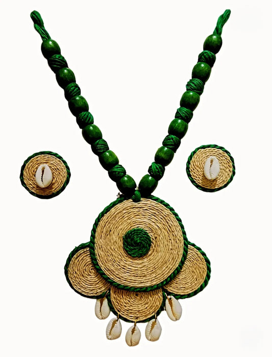 Handcrafted Banana Fibre Jewelry Set – Green & Natural Shell Design - Made in Uttar Pradesh, India