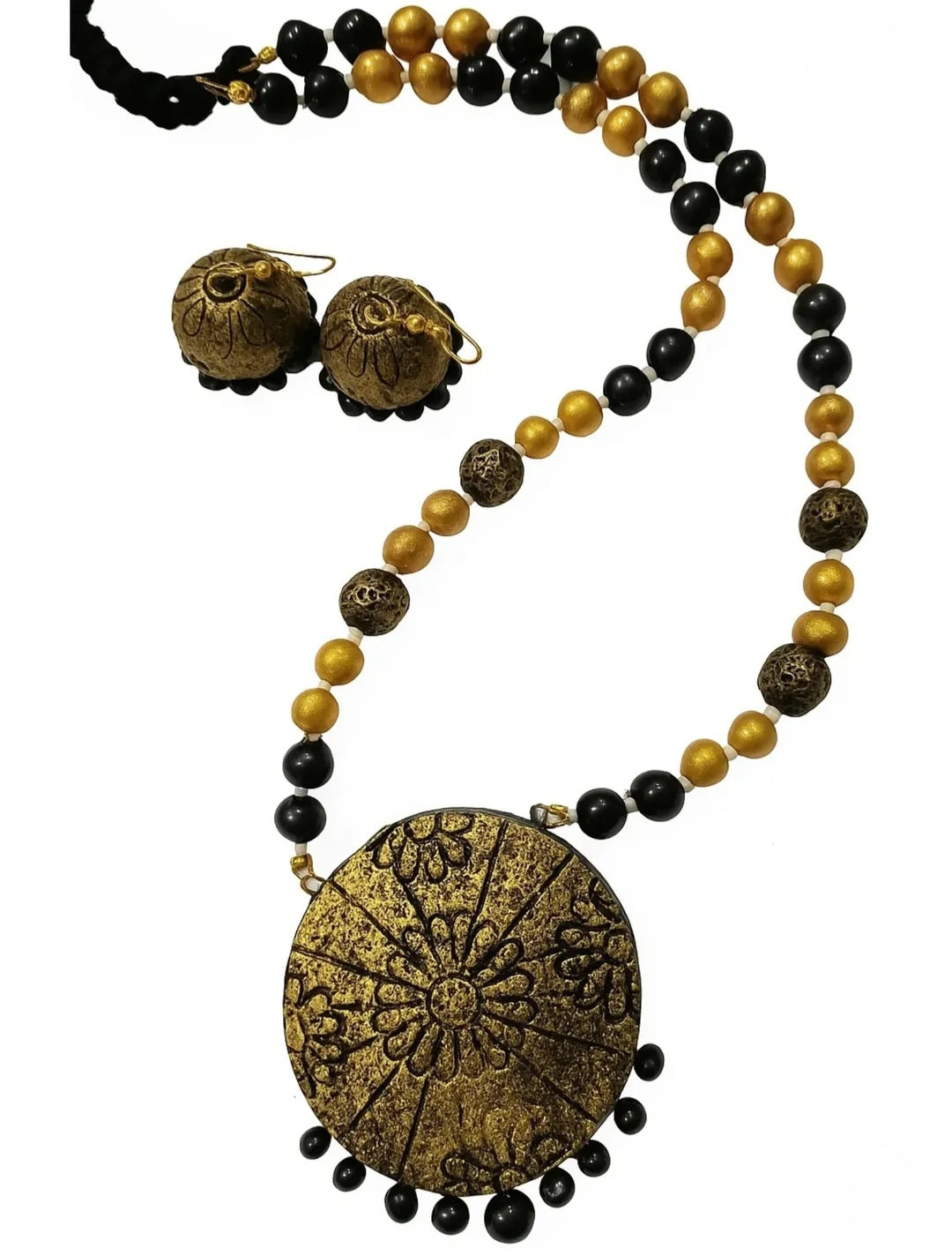 Handcrafted Terracotta Jewelry Set – Black & Golden Floral Design | Made in Uttar Pradesh, India