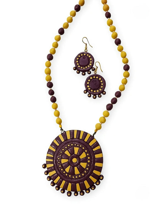 Handcrafted Terracotta Jewelry Set – Maroon & Mustard Circular Design | Made in Uttar Pradesh, India