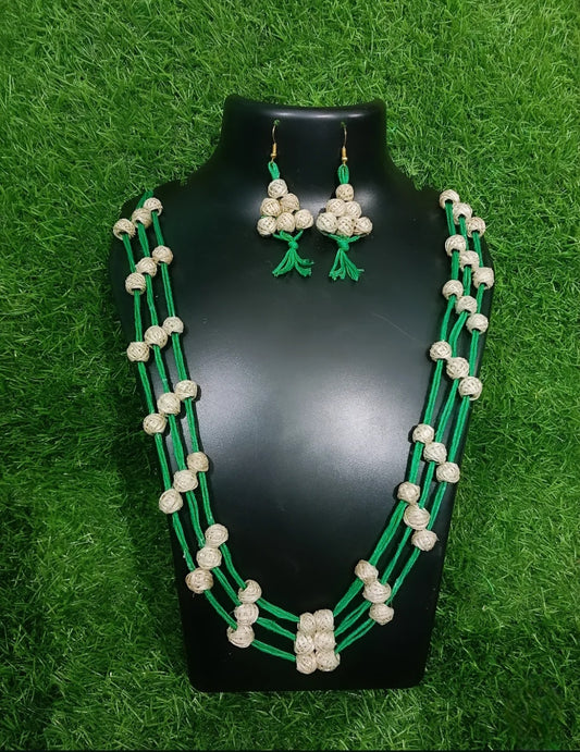 Handmade Banana Fibre Jewelry Set – Triple Strand Green Thread Design - Made in Uttar Pradesh, India