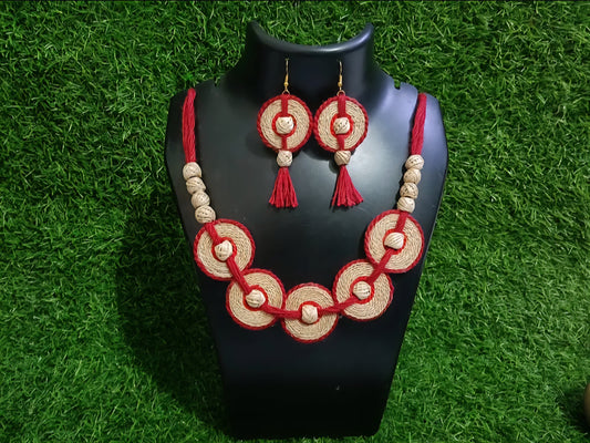 Handcrafted Banana Fibre Jewelry Set – Red Thread Circle Design - Made in Uttar Pradesh, India
