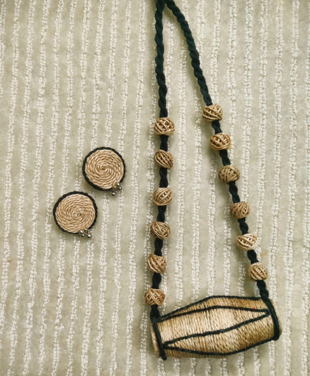 Handcrafted Banana Fibre Jewelry Set – Drum Motif Design - Made in Uttar Pradesh, India